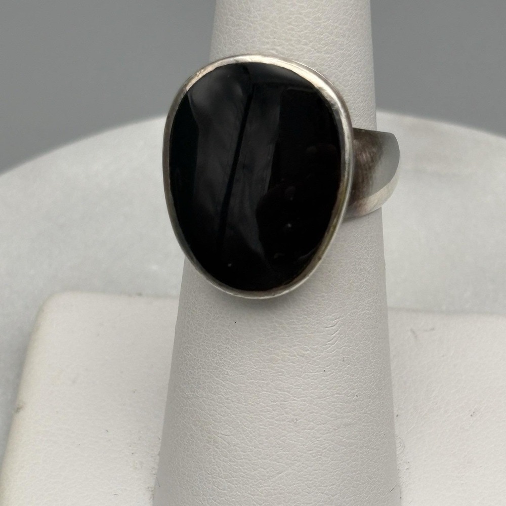 Vintage Sterling Silver Onyx Ring 925 Size 6 Smooth Bezel Set Statement